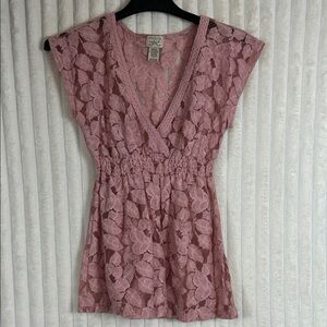 Y2K, babydoll, faux wrap v neck floral lace short sleeve blouse M